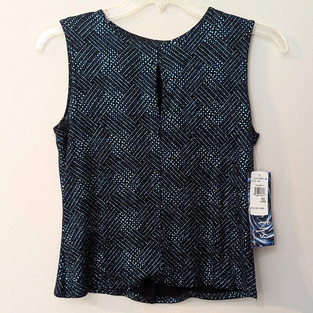 NWT Scooter Tops Women's Sleeveless Blue Metallic Knit Top. Size Large